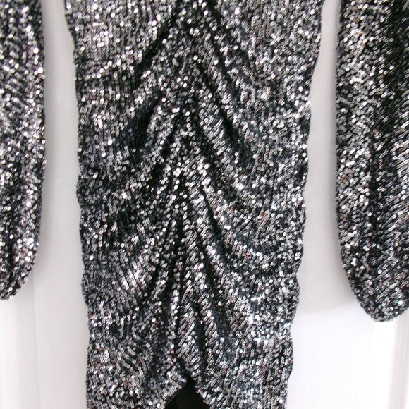 New ASTR The Label Black Sequin Silver Balloon Sleeve Ruched Mini Dress XS NWOT - Picture 8 of 13